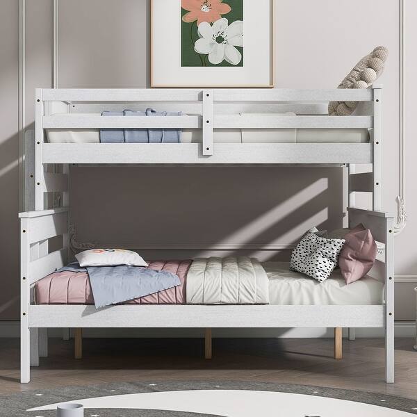slide 2 of 22, Wood Twin over Full Bunk Bed with Ladder & Full Length Guardrails White