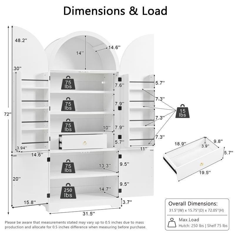 Arched 72" Tall Kitchen Pantry Cabinet with 8 Door Shelves and 3 Adjustable Shelves for Kitchen Storage Solutions