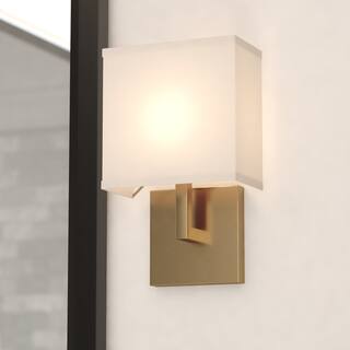 VAXCEL Glenview Satin Brass Gold Contemporary Wall Sconce, White Linen Fabric  Shade, Bathroom Vanity Lighting Fixture
