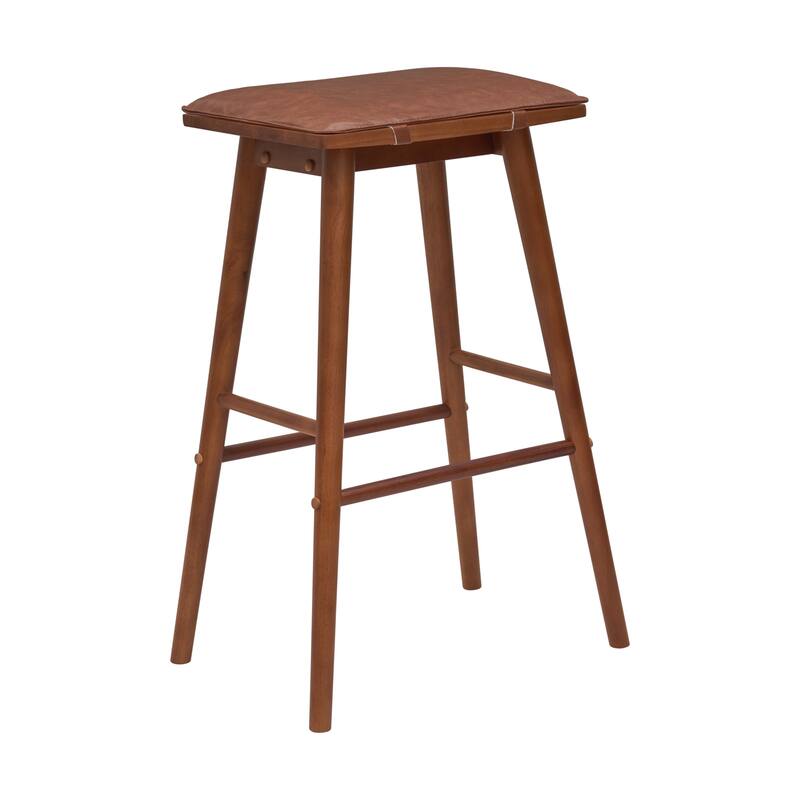 Saddle-Seat Solid Wood/Vegan Leather Backless Stool with Removeable Cushion, By JONATHAN Y