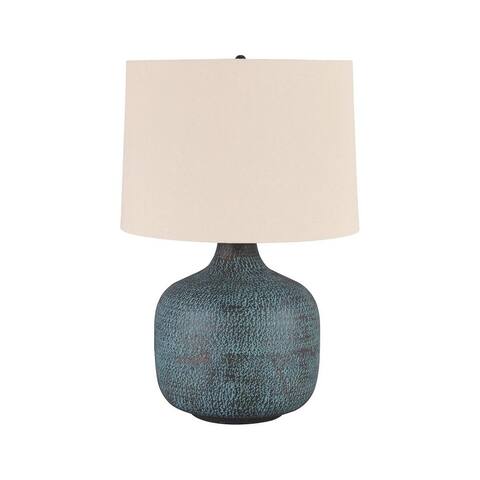 Fabric Shade Table Lamp with Gourd Base, White and Blue - 24.5 H x 15.75 W x 15.75 L Inches