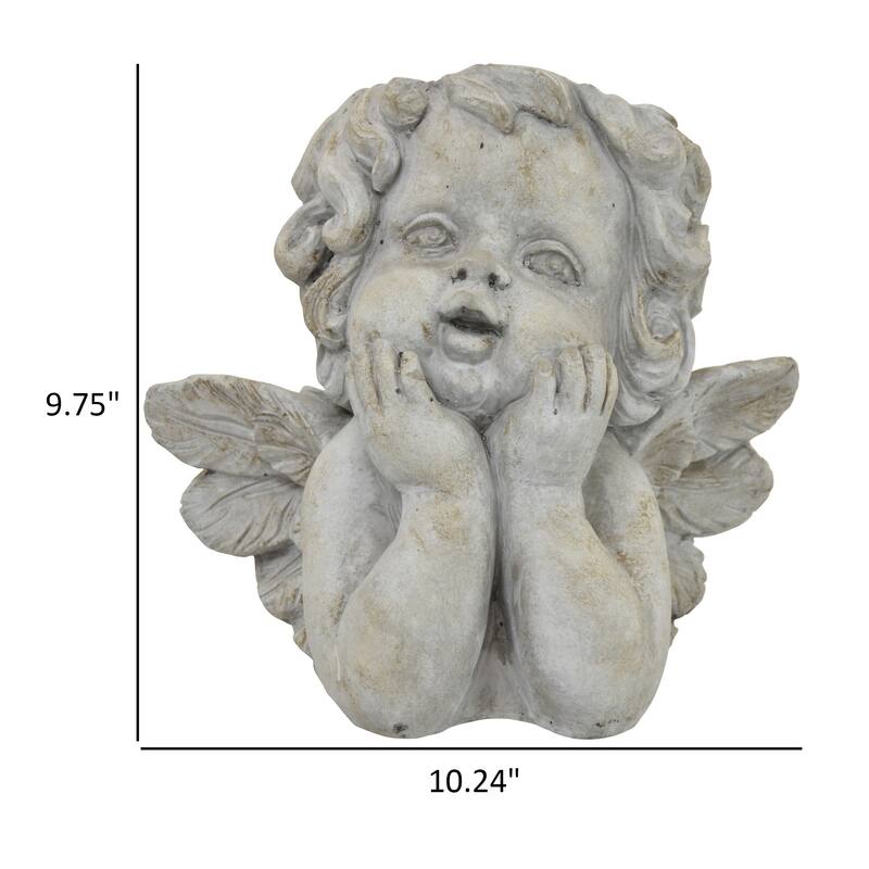 Cherub Bust Planter with Carved Wings and Curls, 10 Inch Gray Resin