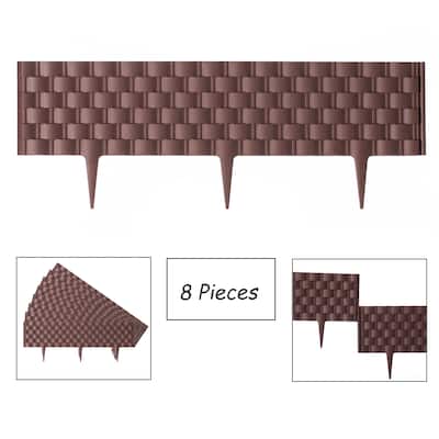 Set of 8 Pcs Decorative Rattan-Inspired Plastic Landscape Edging and Garden Fence Borders in a Rich Coffee Hue for Lawn
