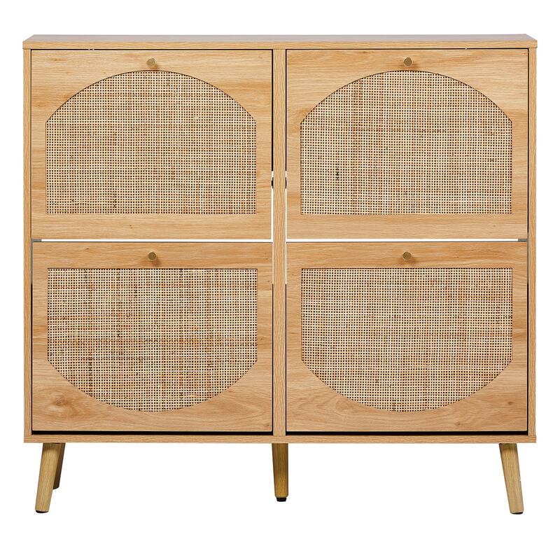 Wooden 2 Tier Flip Down Shoe Cabinet with Natural Rattan Arched Fronts Slim Design and 8 Compartments for 12 to 16 Pairs