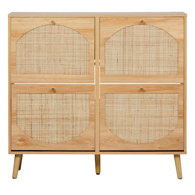 Wooden 2 Tier Flip Down Shoe Cabinet with Natural Rattan Arched Fronts Slim Design and 8 Compartments for 12 to 16 Pairs