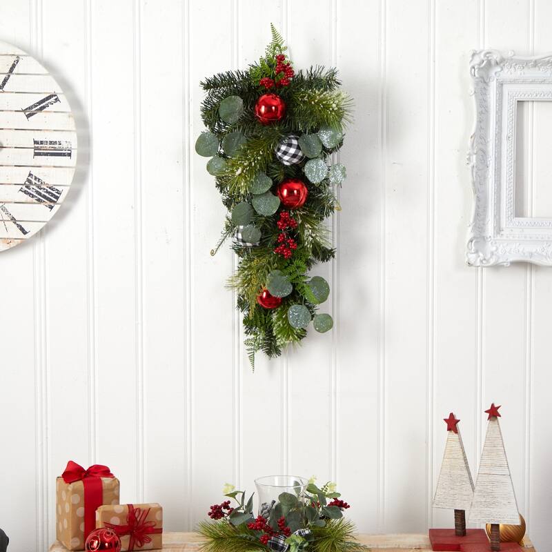 26” Berries and Ornament Artificial Christmas Teardrop Swag, Unlit - Green