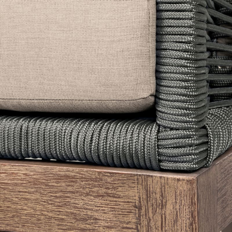Orbit Swivel Outdoor Patio Chair in Weathered Eucalyptus Wood with Gray Rope and Taupe Olefin Cushions