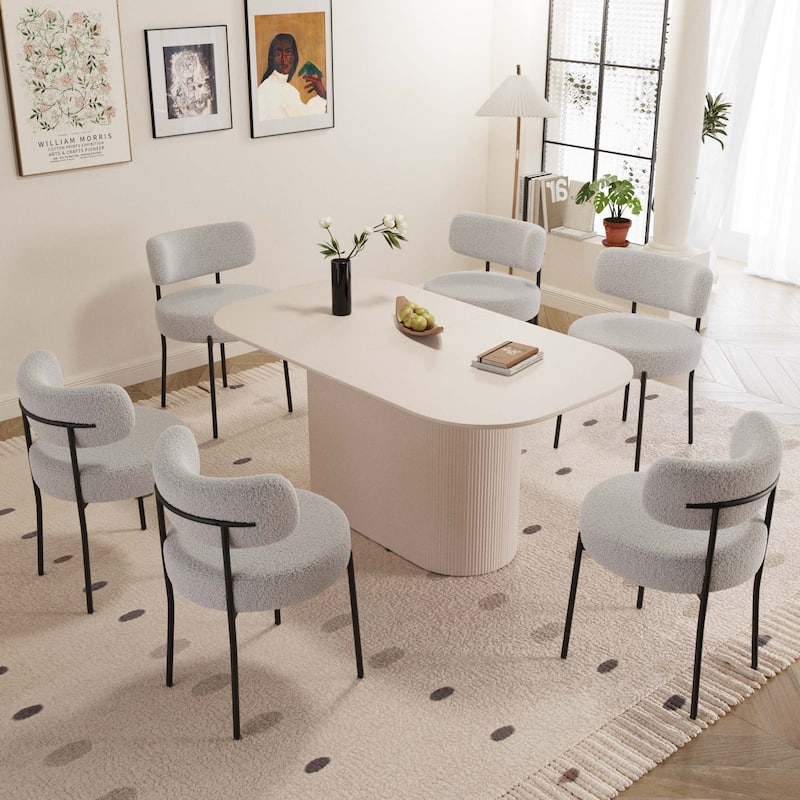 63" medieval modern cream style MDF dining table and 6 sets of circular cushioned armless dining chairs