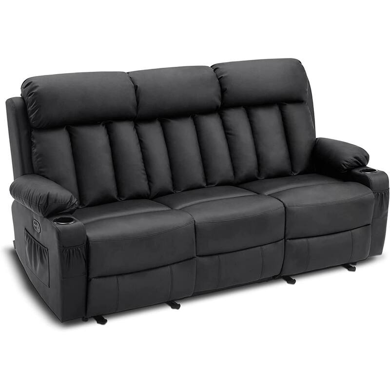 MCombo Electric Power Reclining Sofa with Heat & Massage, Faux Leather 6095/6075/6077 - Reclining sofa - Black