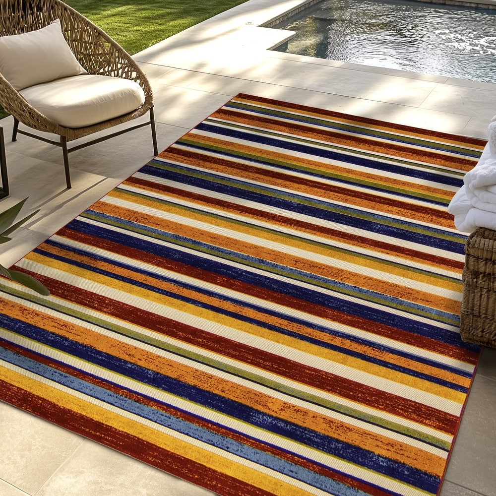 Gertmenian Kalari Modern Bold Multicolored High-Low UV Protected Polypropylene Woven Indoor/ Outdoor Area Rug Collection