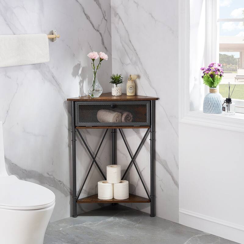 Javlergo Corner Table with Drawer and Storage Shelf, Triangle Freestanding Floor Cabinet for Kitchen, Living Room and Bedroom
