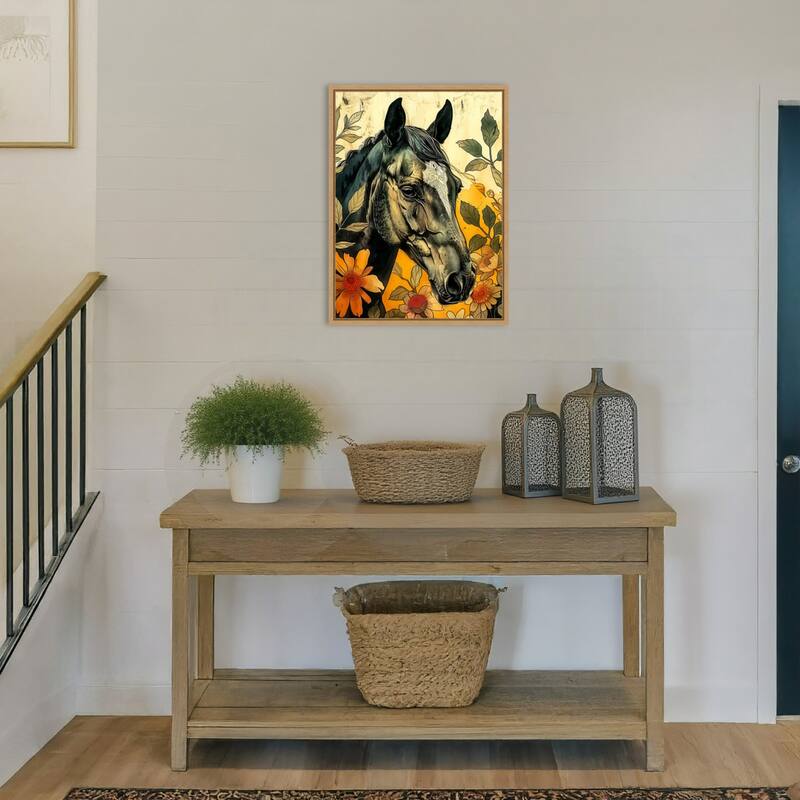 Dark Horse in Flowers by Justyna Jaszke Framed Canvas Wall Art