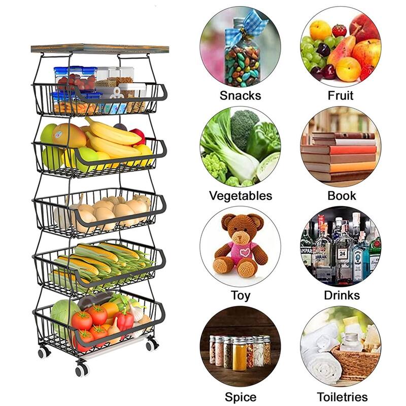 5/6-Tier Stackable Fruit Basket, Rolling Metal Cart with Wheels