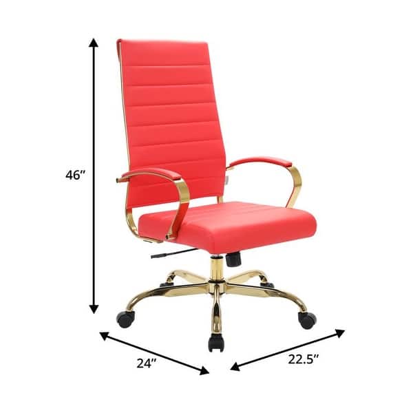 dimension image slide 2 of 8, Benmar Ribbed Leather Executive High Back Office Chair with Gold Frame, Swivel, Tilt, Lumbar Support