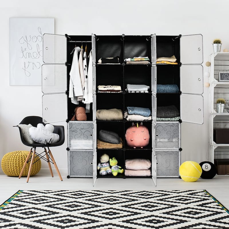 Costway DIY 20 Cube Portable Closet Storage Organizer Clothes Wardrobe - Grey - 57''x18''x70'' (L x W x H)