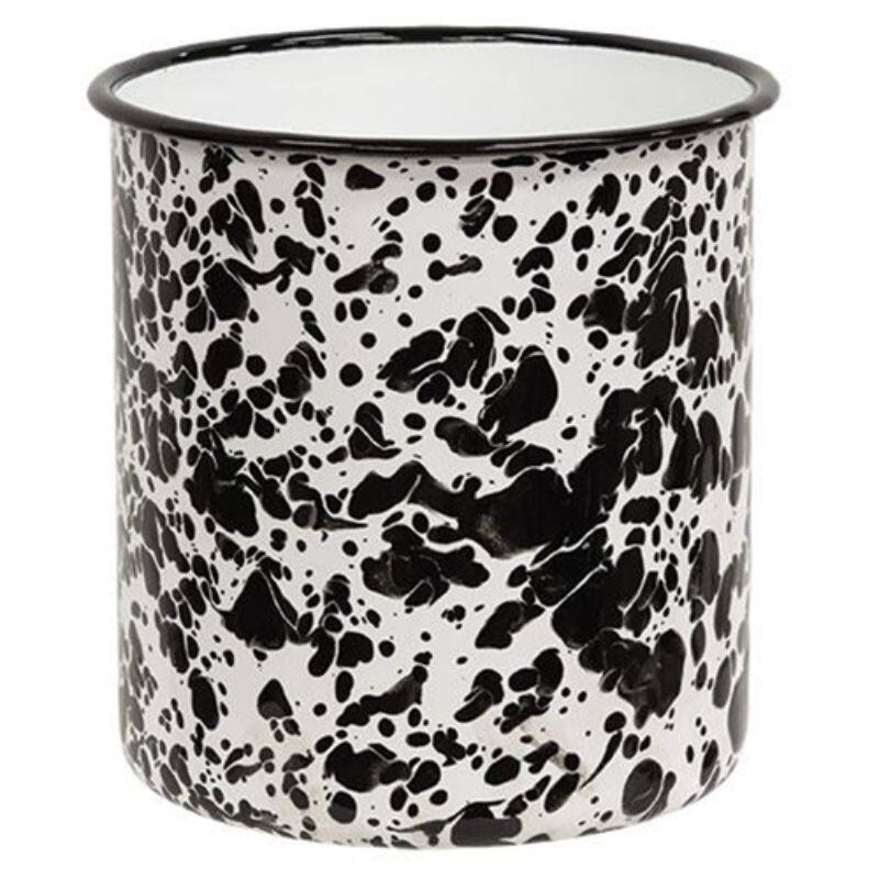 Enamel Utensil Holder with Black Rim and Splatter Pattern Compact Kitchen Counter Storage - 6" high by 5.5" in diameter.