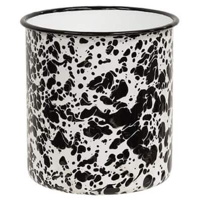 Enamel Utensil Holder with Black Rim and Splatter Pattern Compact Kitchen Counter Storage - 6" high by 5.5" in diameter.