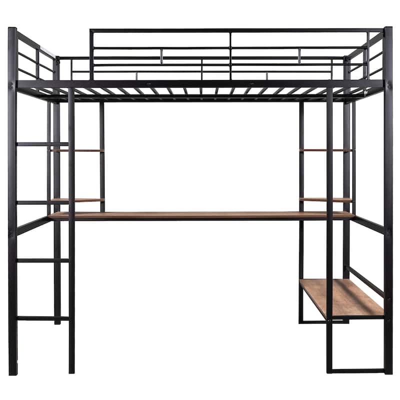 Full Size Loft Metal&MDF Bed with Long Desk and Shelves,Black