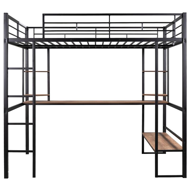 Roomfitters Full Size Loft Bed with Long Desk and Storage Shelves, Metal and MDF Frame, Black
