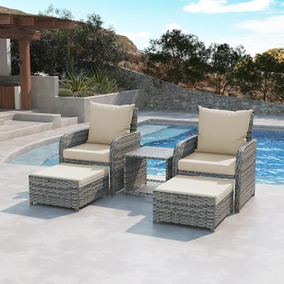 5-Piece PE Rattan Outdoor Patio Set with 2 Chairs, 2 Ottomans, Coffee Table