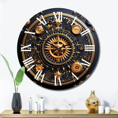 Designart "Ancient Compass Geometric In Gold And Blue" Modern Geometric Oversized Wall Clock