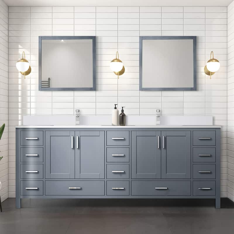 Jacques 84 in. W x 22 in. D Dark Grey Double Bath Vanity, White Quartz Top, Faucet Set, and 34 in. Mirrors - Grey - Chrome Finish - Double Vanities