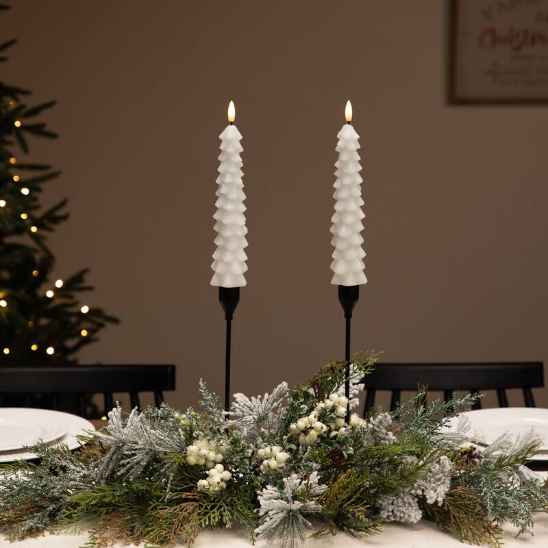 Flickering LED Flameless Wax Tapered Christmas Tree Candles - 9.75" - Set of 2 - White