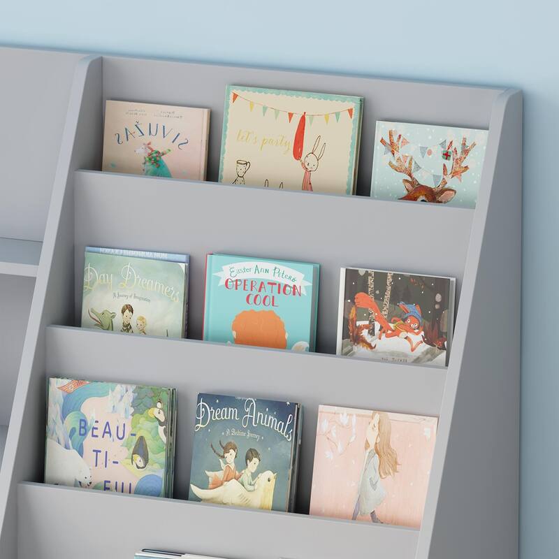 Kids Bookshelf and Toy Storage Organizer, Multifunctional 4 Tier Wooden Kids Book Shelf with Bookcase Display Stand
