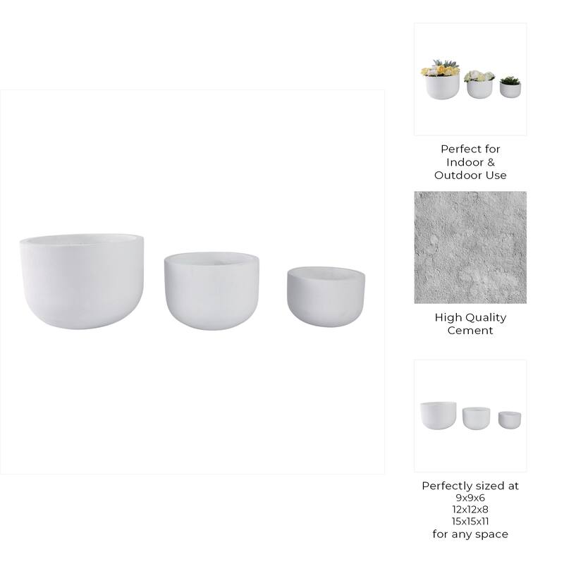 Pottery Rounded Cement Planters (Set of 3) - 11", 8", 6" White - 15" x 15" x 11"