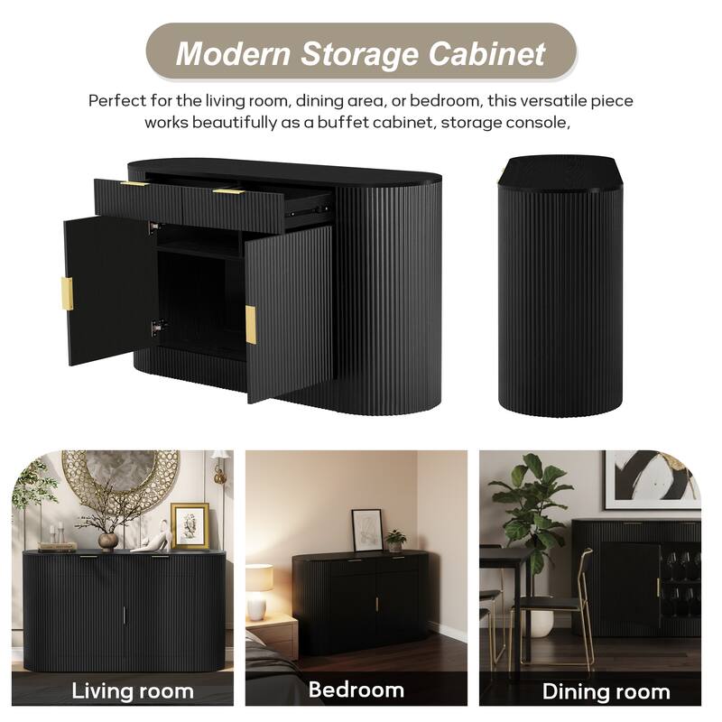 Roomfitters 55.1" Oval Sideboard Buffet Cabinet with 2 Drawers & Wine Rack, Mid-century Modern Fluted Accent for Dining