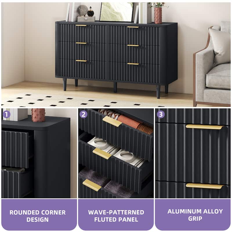 6 Drawer Wood Dresser with Wave Fluted Panel Storage Organizer for Bedroom