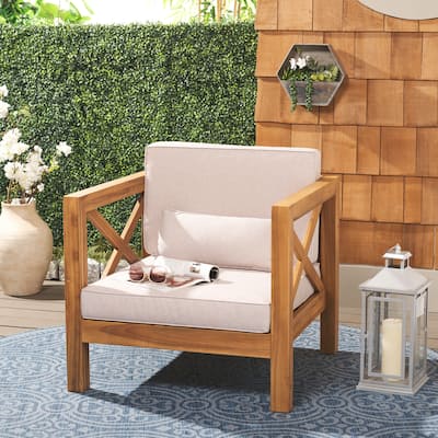 SAFAVIEH Outdoor Living Crewe Solid Wood Arm Chair - Natural/Light Grey - 30"W x 30"D x 31"H