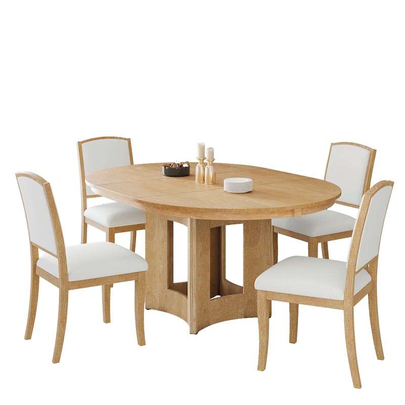 Farmhouse 5-Piece Extendable Round Dining Table Set with 4 Upholstered Chairs for Compact Living Spaces