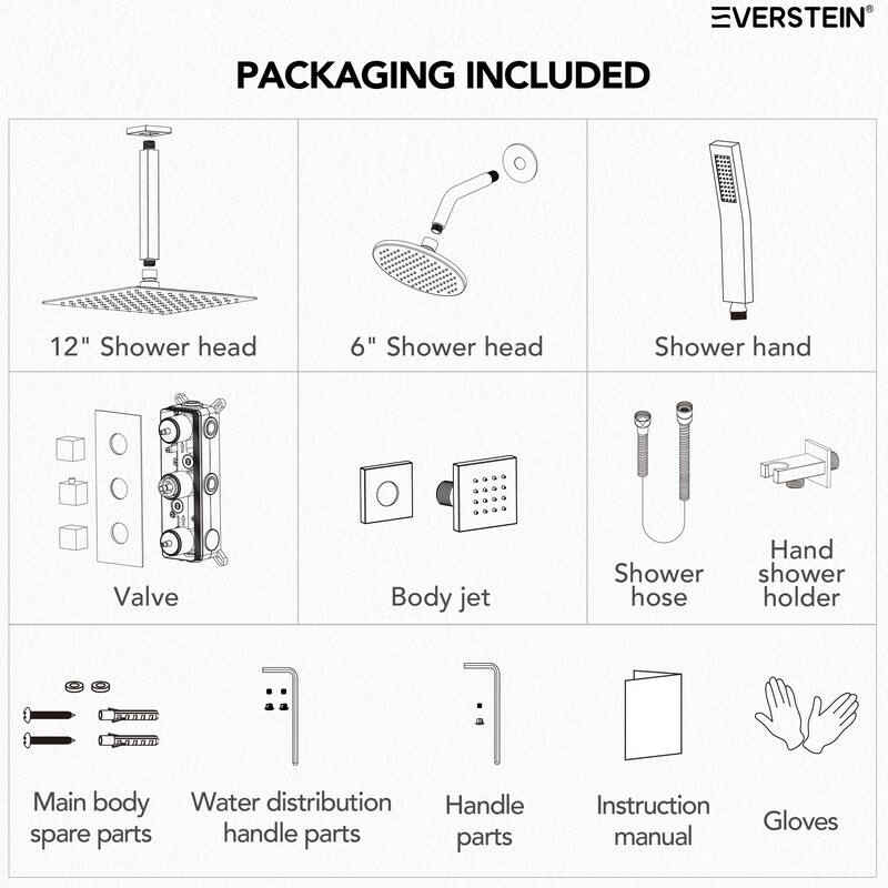Thermostatic Dual Heads 12" Multi-Function Shower System with 3 Body Sprays