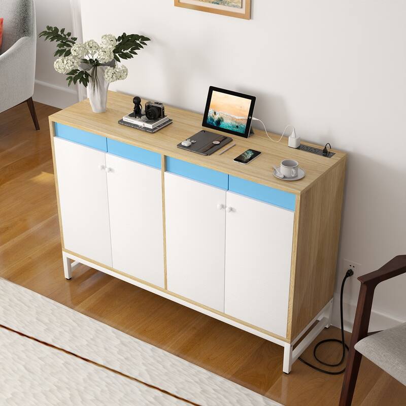 4 Doors Accent Cabinet with Power Outlet, Buffet Cabinet Storage Bar Cabinet with LED Light