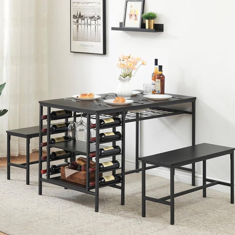 Dining Table Set with 2 Benches and Storage Shelf, Rectangular Table for Small Dining Area or Apartment