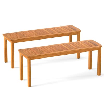 Set of 2 Natural Acacia Wood Outdoor Dining Bench 48 inches Rustic Slatted Seat - 48" x 14" x 18"(L x W x H)