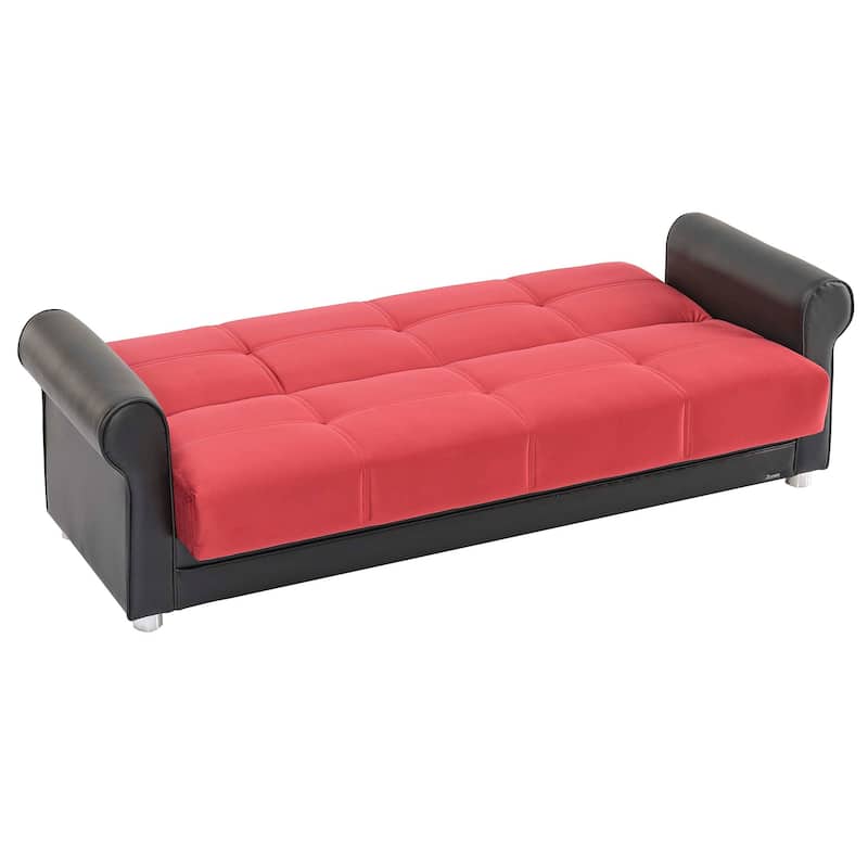 HomeRoots 89" Black And Burgundy Faux Leather And Velvet Convertible Futon Sleeper Sofa With Toss Pillows And Storage