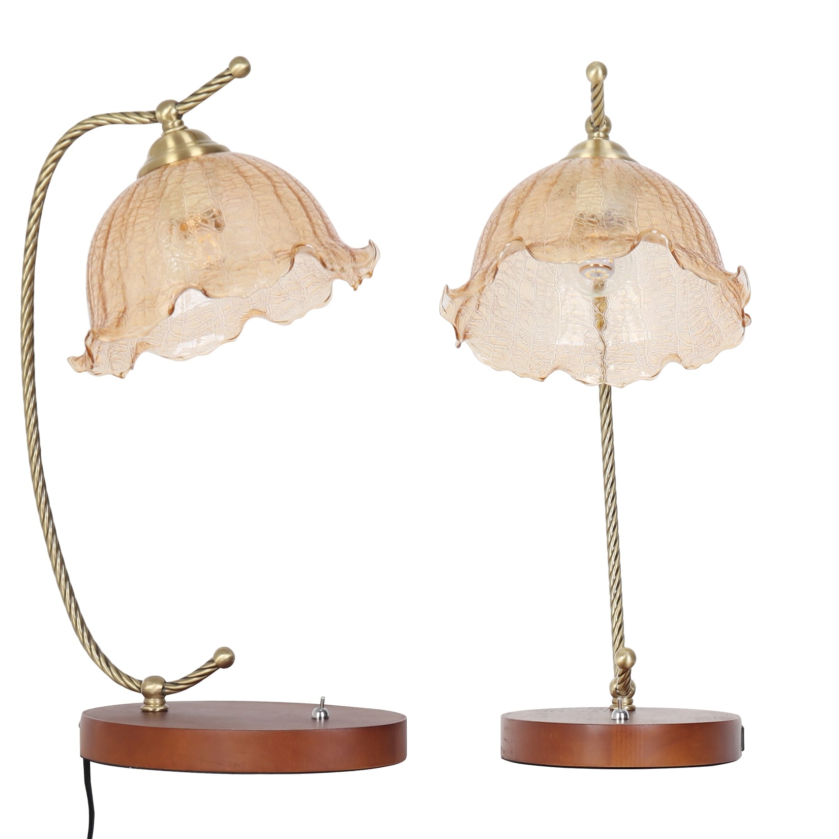 Vintage Flower Glass Table Lamp with Wooden Base USB Charging Port
