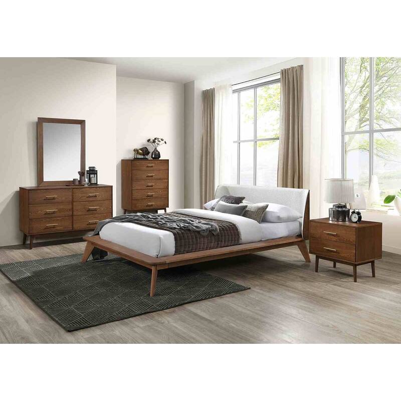 Mid Century Modern Walnut Beige Finish 1PC Winged Edge Platform Bed