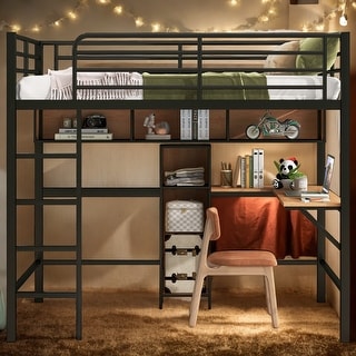 Full Size Metal & Wood Loft Bed with L-Shaped Desk and Shelves - Space ...