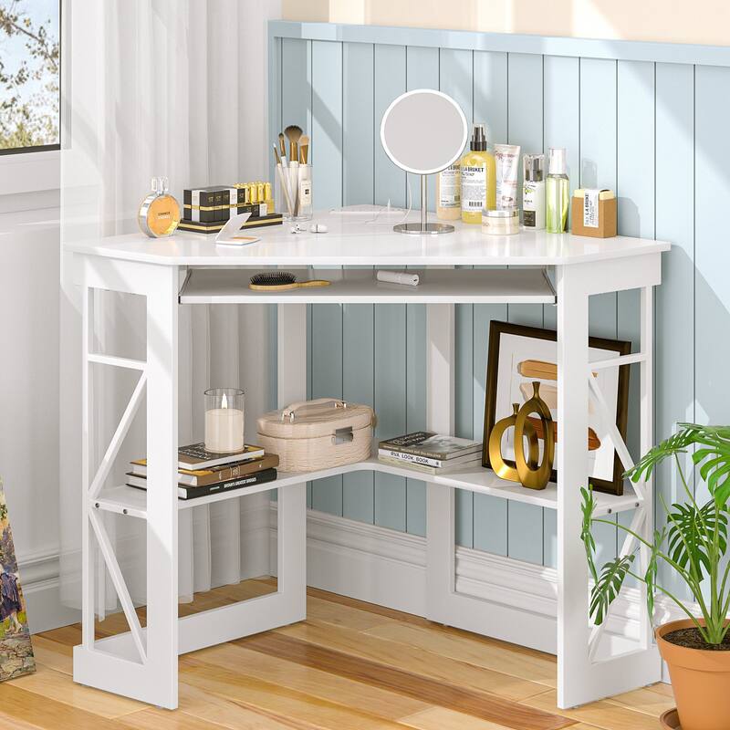 Corner Desk Small Desk with Outlets Corner Table for Small Space, Computer Desk with USB Ports Triangle Desk with Storage - White