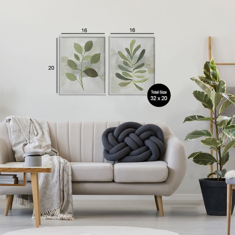 Stupell Green Leaf Branches on Grey Framed Giclee Art Design By Lanie Loreth (Set of 2)