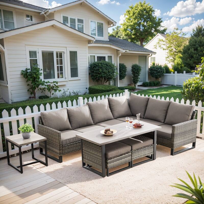 Gymojoy 5-Piece Outdoor Wicker Furniture Set, L-Shaped Sectional Sofa Set - Grey Wicker / Grey Cusion - 5-Piece