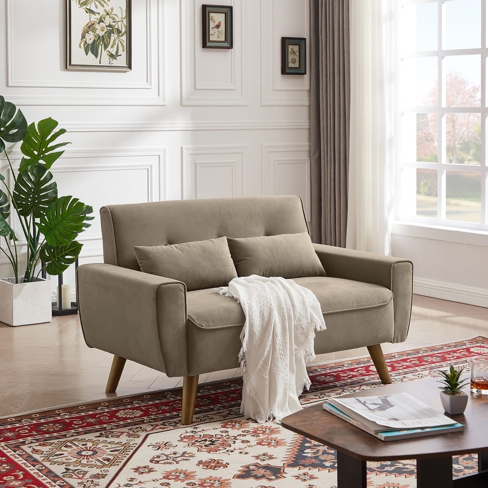48.82" Small Tufted Loveseat Sofa with 2 Pillows and Tapered Wood Legs