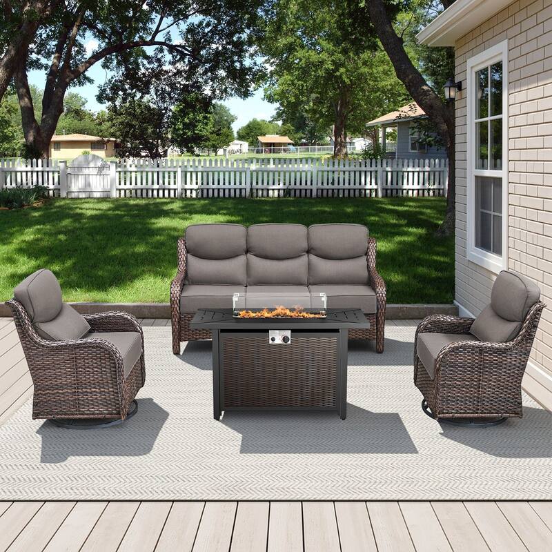 Arcadia 4-Piece PE Wicker Patio Seating Set with Durable All-Iron Fire Pit and 6-Inch Cushions - Gray Cushions - Brown Wicker