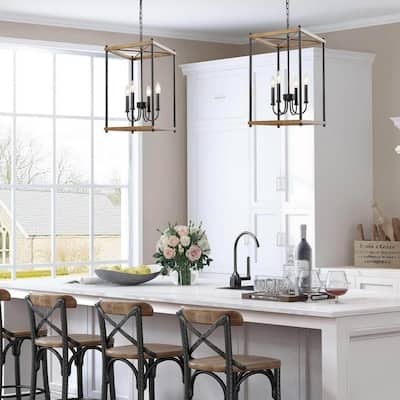 Modern Farmhouse 4-Light Chandelier Rustic Wood Foyer Pendant Light for Dining Room - W14"x H23.5"