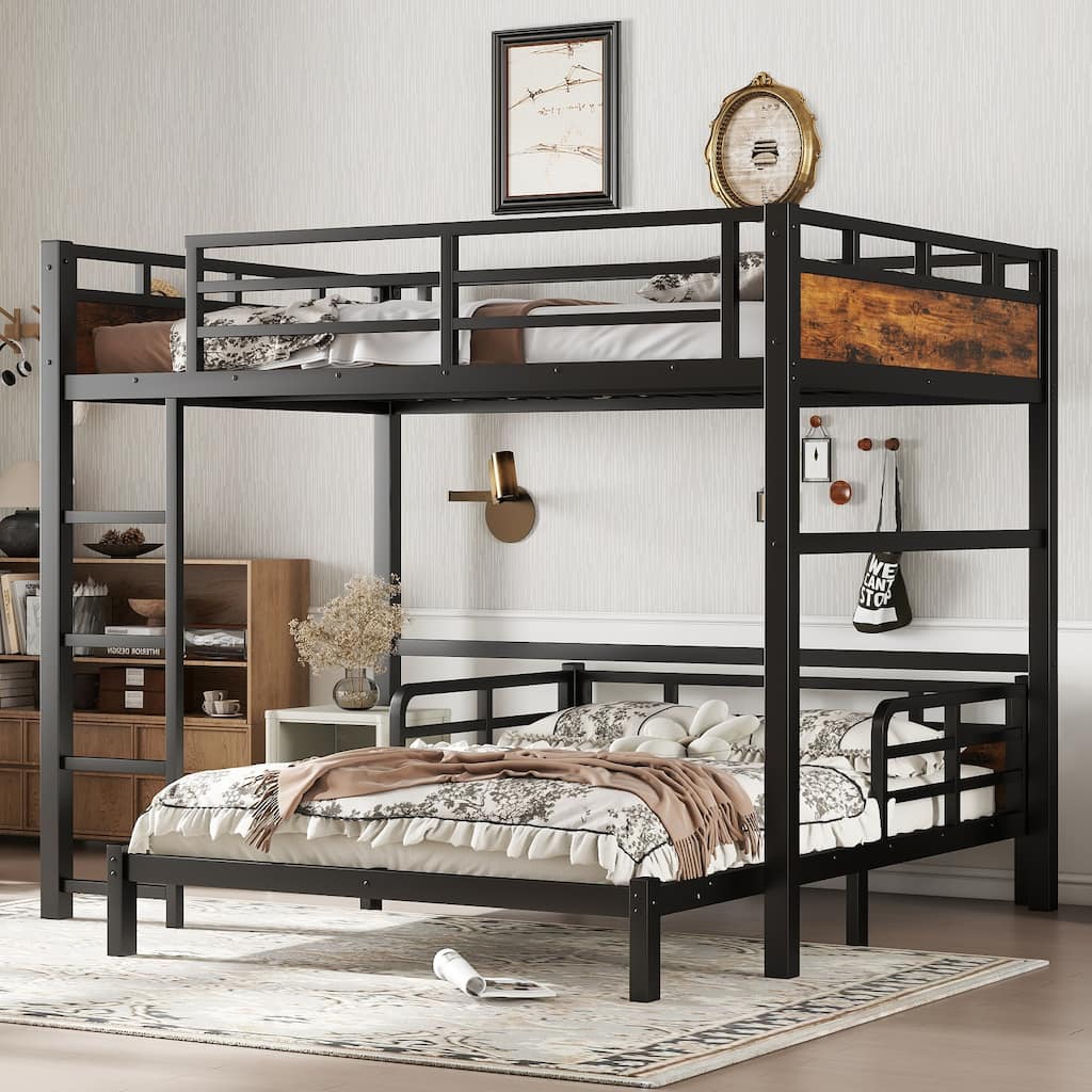 Full over Full Metal Bunk Bed, Loft Bed, and Platform Bed with Security Fence, Vintage Wood Finish