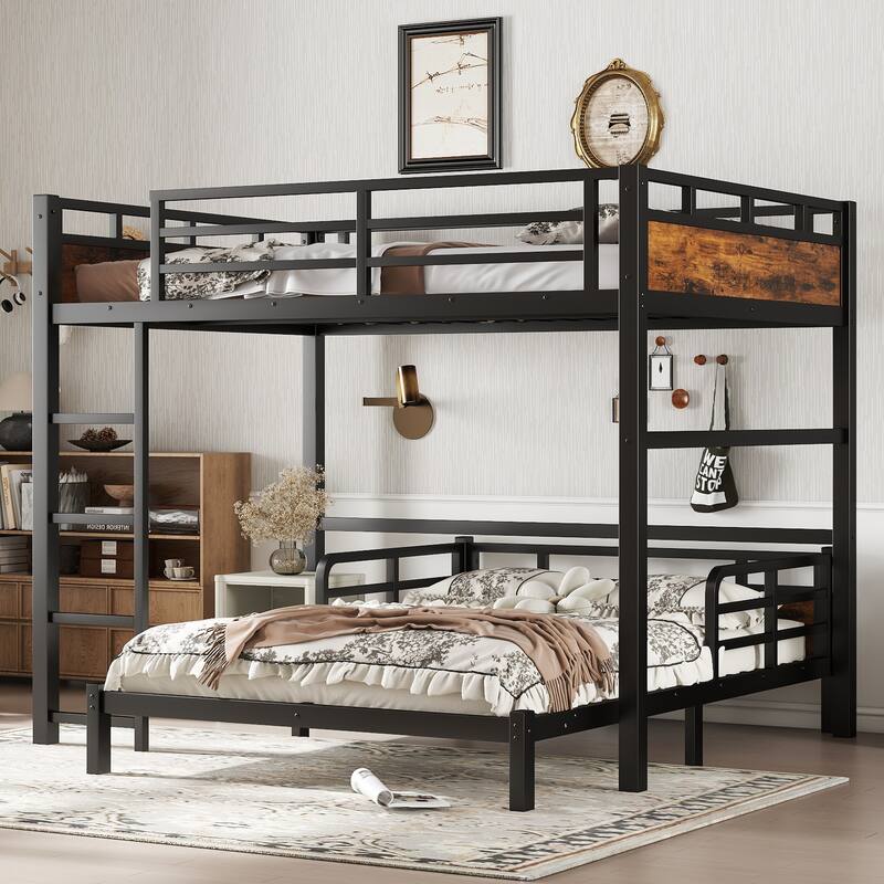Roomfitters Twin/Full/Queen Metal Bunk Bed & Loft Bed with Raised Safety Fence, Convertible Platform Design, Vintage Wood - Black+Vintage - Full