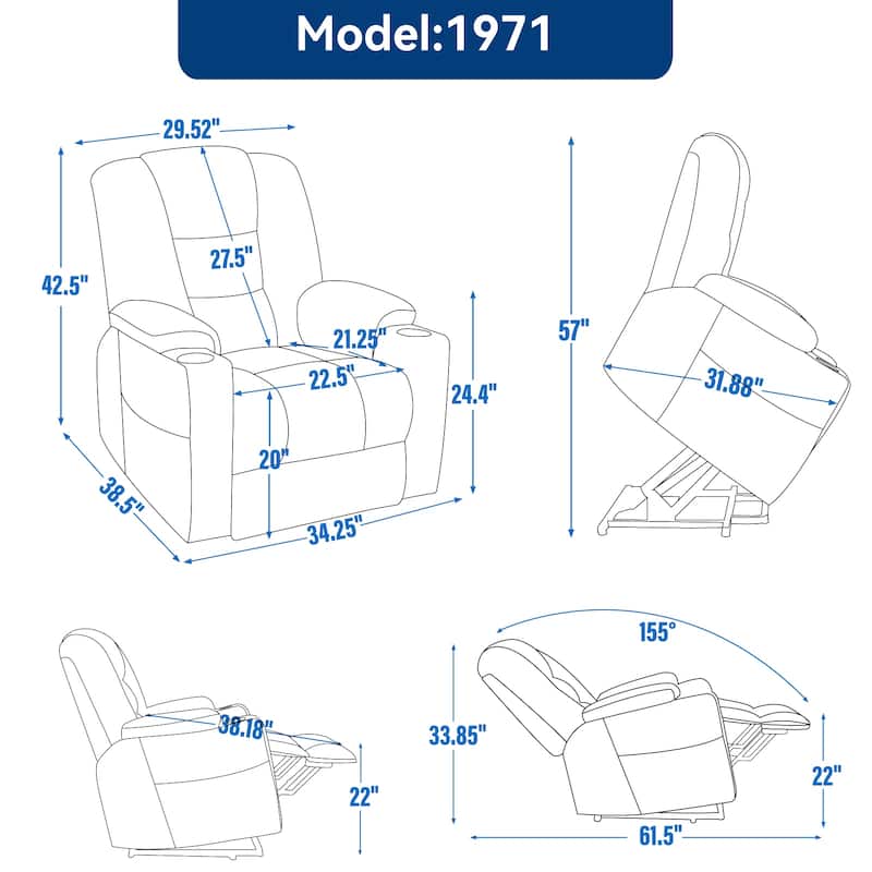 Power Lift Recliner Chair with Dual USB Ports, Cup Holders, Chenille Fabric, 155° Recline, Easy Assembly